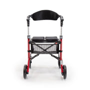 Red and black walker with a seat on a white background