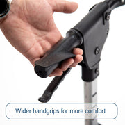 Hand holding a black handle with text 'Wider handgrips for more comfort' on a white background