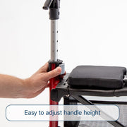 Hand adjusting the handle height of a mobility scooter with text 'Easy to adjust handle height'.