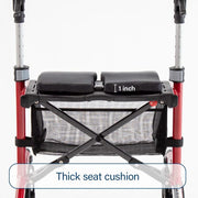 Red walker with thick seat cushion and 1-inch height label on a white background