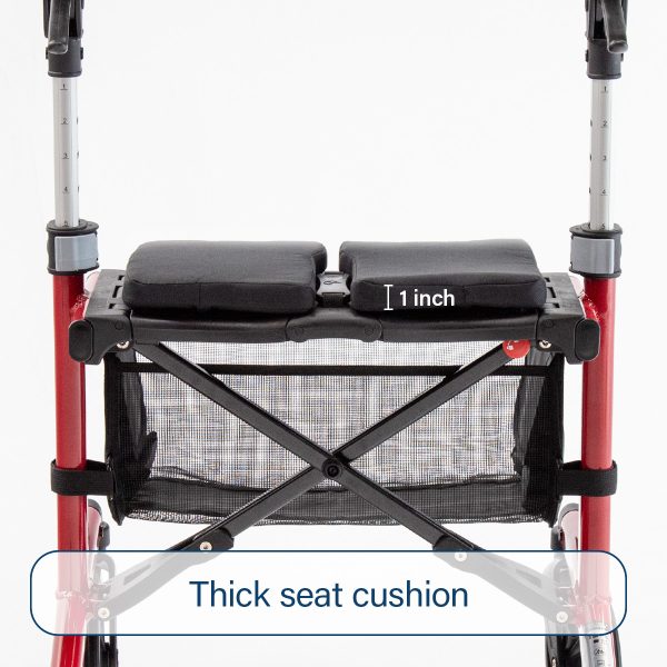 Red walker with thick seat cushion and 1-inch height label on a white background