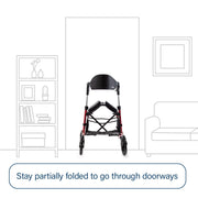 Foldable walker in a room setting with text indicating it should be partially folded for doorways.