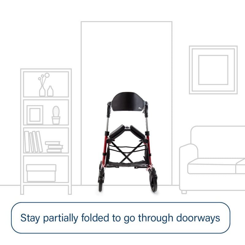 Foldable walker in a room setting with text indicating it should be partially folded for doorways.