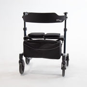 Black rollator with seat and storage bag on a white background