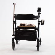 Black rollator with adjustable backrest and cup holder on a white background