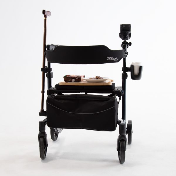 Black rollator with adjustable backrest and cup holder on a white background
