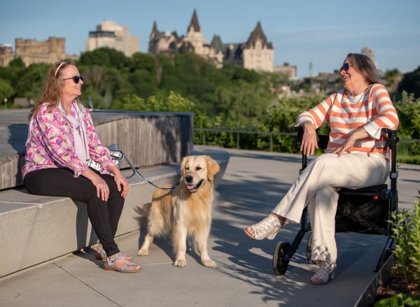Two women, one in a wheelchair, sitting on a bench with a dog, overlooking a scenic cityscape.