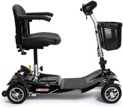 Black mobility scooter with a seat and basket on a white background
