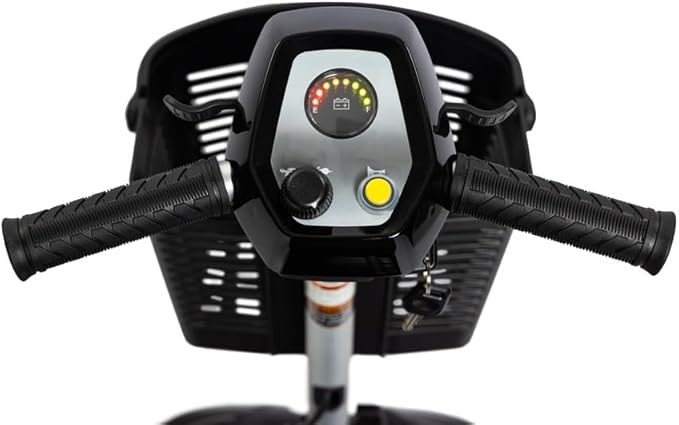 Close-up of a scooter handlebar with controls and a display on a white background