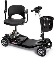 Black mobility scooter with a seat and basket on a white background