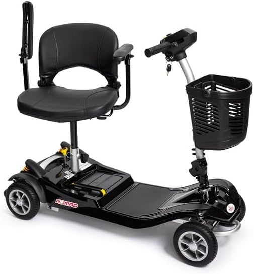 Black mobility scooter with a seat and basket on a white background