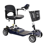 Blue Mobility scooter with a black seat and basket on a white background