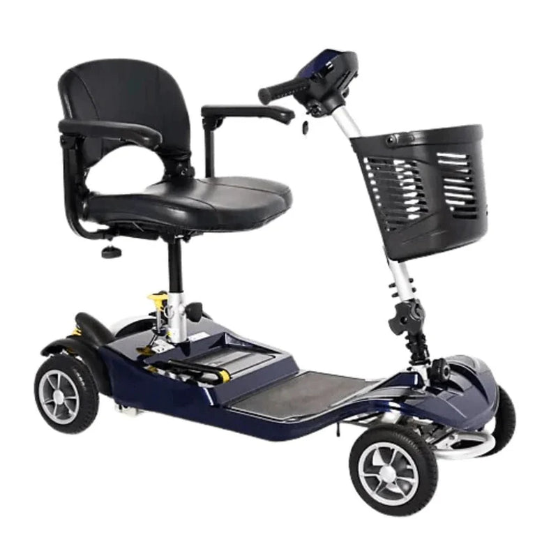 Blue Mobility scooter with a black seat and basket on a white background