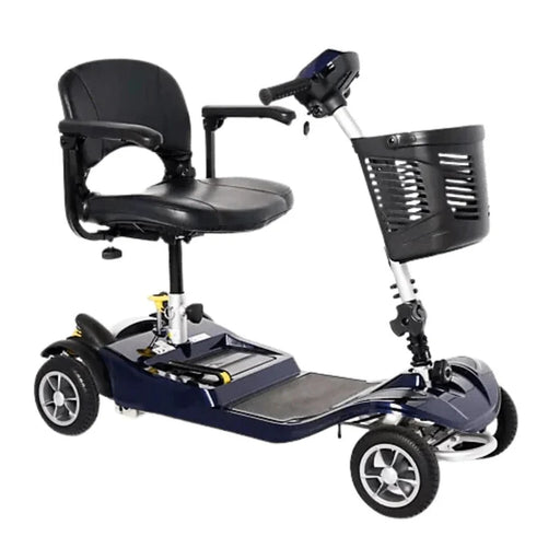 Blue Mobility scooter with a black seat and basket on a white background
