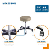 Stool with McKesson branding and specifications on weight capacity, base size, and caster design.