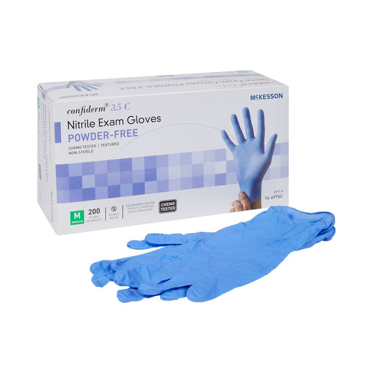Box of McKesson Nitrile Exam Gloves with a single glove displayed in front on a white background
