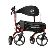 Rollator with a black seat cover on a white background