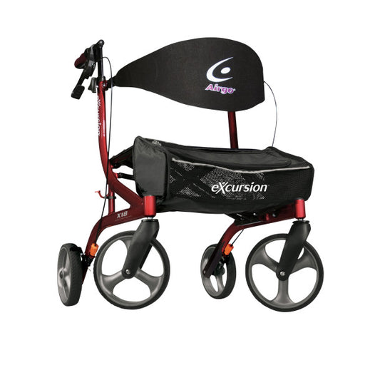 Rollator with a black seat cover on a white background