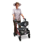 Woman using a walker with a white background