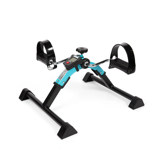 Handheld exercise bike with digital display on a white background