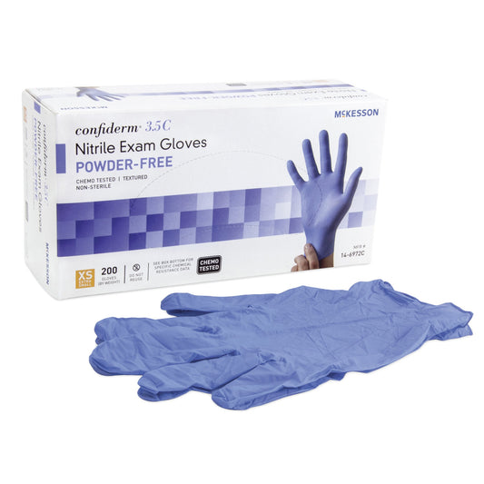 Box of McKesson confiderm 35C Nitrile Exam Gloves with a pair of gloves on a white background