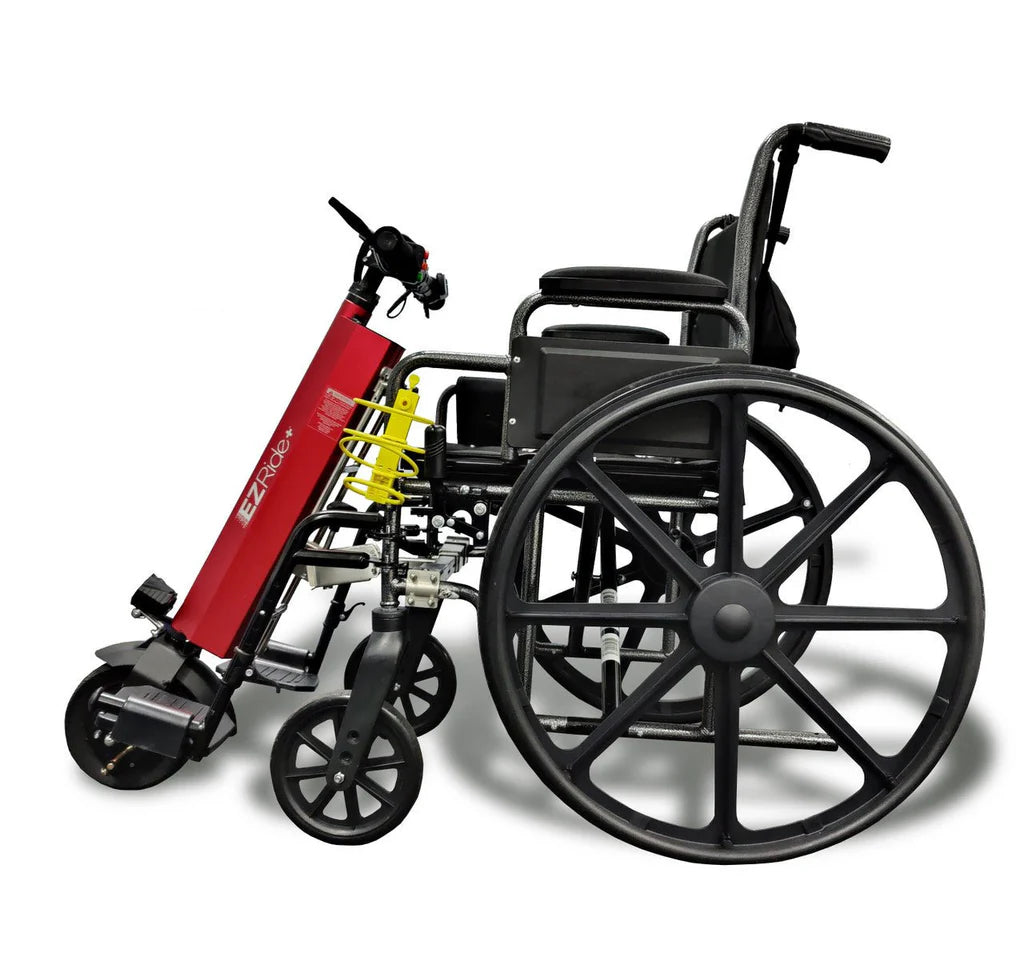 Electric wheelchair with a red battery pack on a white background
