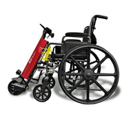 Electric wheelchair with a red battery pack on a white background