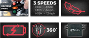 Display of EZ Ride+ product features including controls, speed settings, and battery icon.