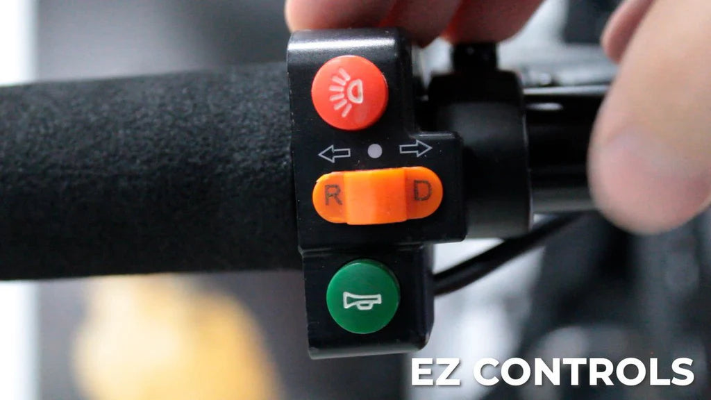 Close-up of motorcycle handlebar controls with buttons labeled 'R', 'D', and 'Horn' on an EZ Controls unit.