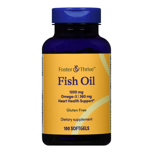 Bottle of Foster & Thrive Fish Oil supplement on a white background