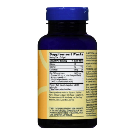 Supplement bottle with blue cap and yellow label on a white background