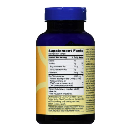 Supplement bottle with blue cap and yellow label on a white background