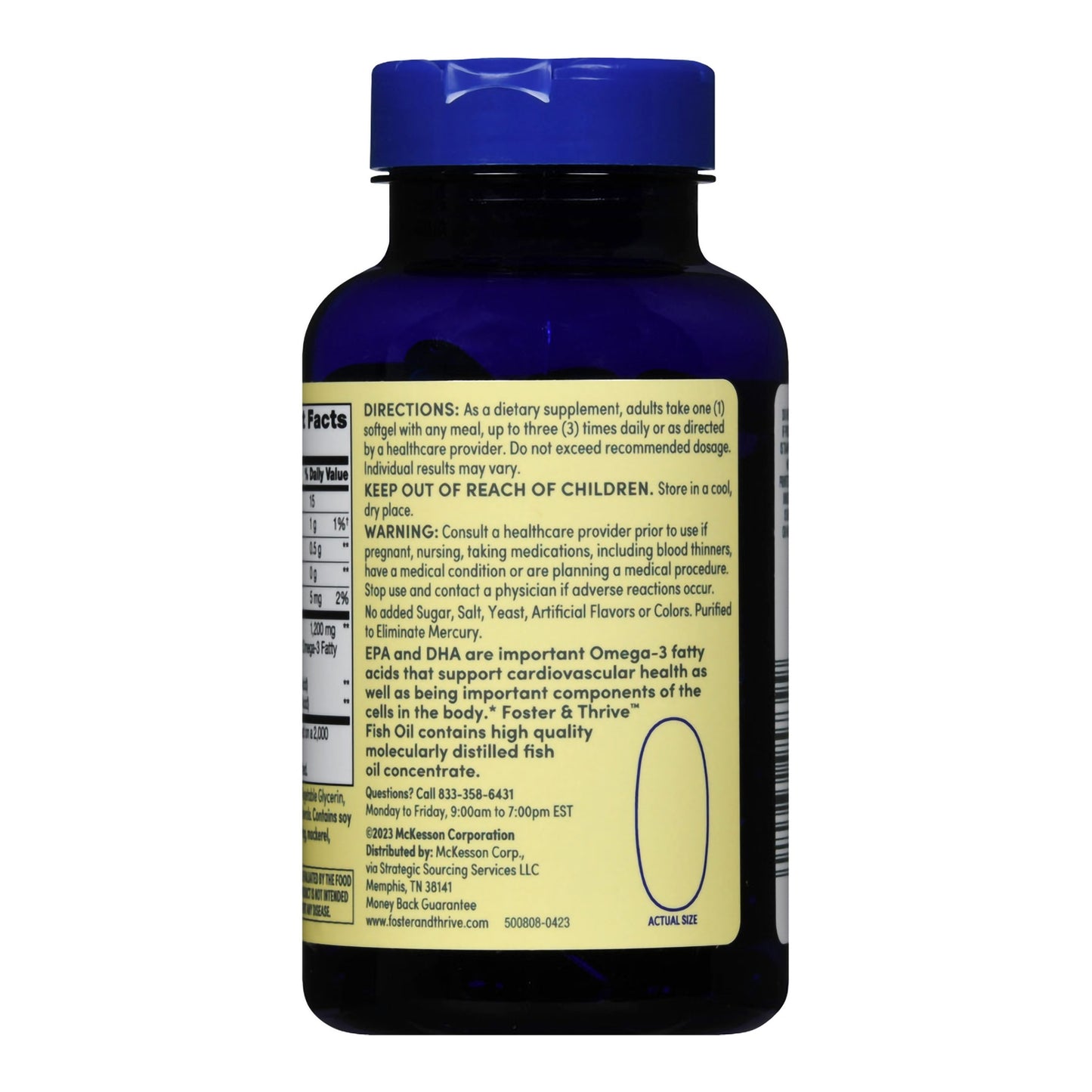 Supplement bottle with blue cap and yellow label on a white background