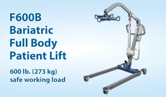 Bariatric full-body patient lift labeled F600B, shown on a light blue background with text stating 600 lb. (273 kg) safe working load.