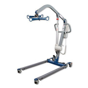 A medical or patient transfer lift chair with a gray metal frame, blue base and arm components, and caster wheels, shown on a plain white background.