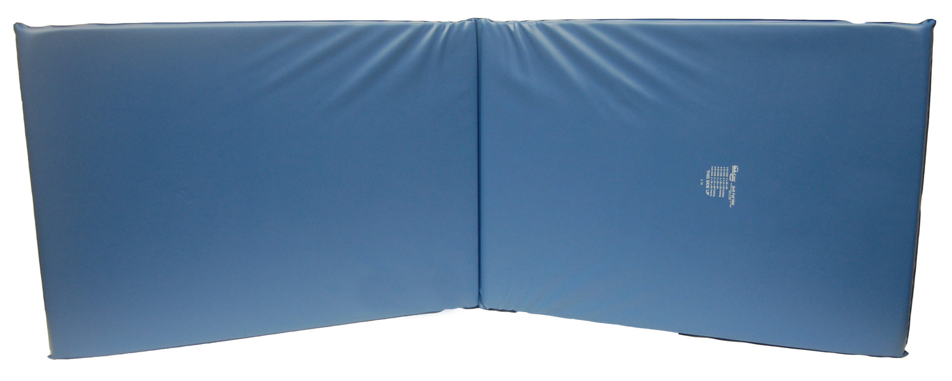 Blue foam mat with a logo on a white background