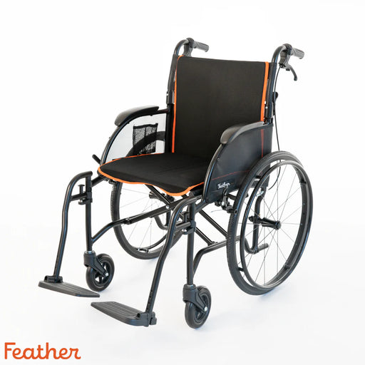 Black wheelchair with orange accents on a white background, featuring the brand 'Feather'.