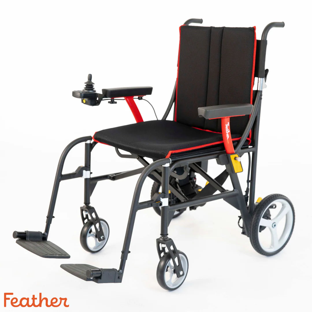 Black and red wheelchair with 'Feather' branding on a white background