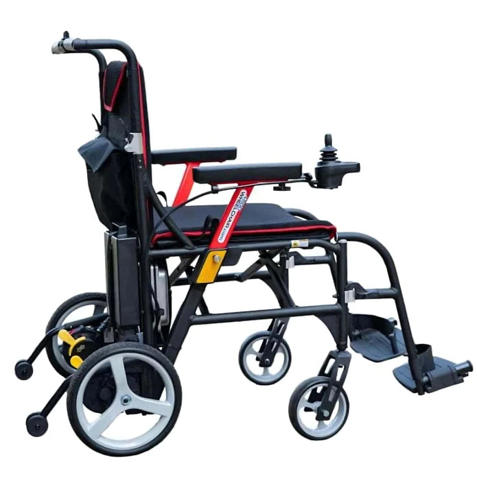 Black and red wheelchair with a white background