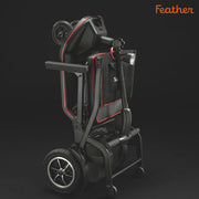 Black and red scooter with 'Feather' branding on a dark background