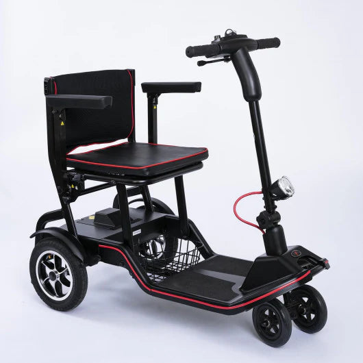 Black and red mobility scooter with a seat on a white background