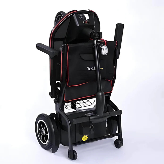 Black and red stroller with visible brand logo on a white background