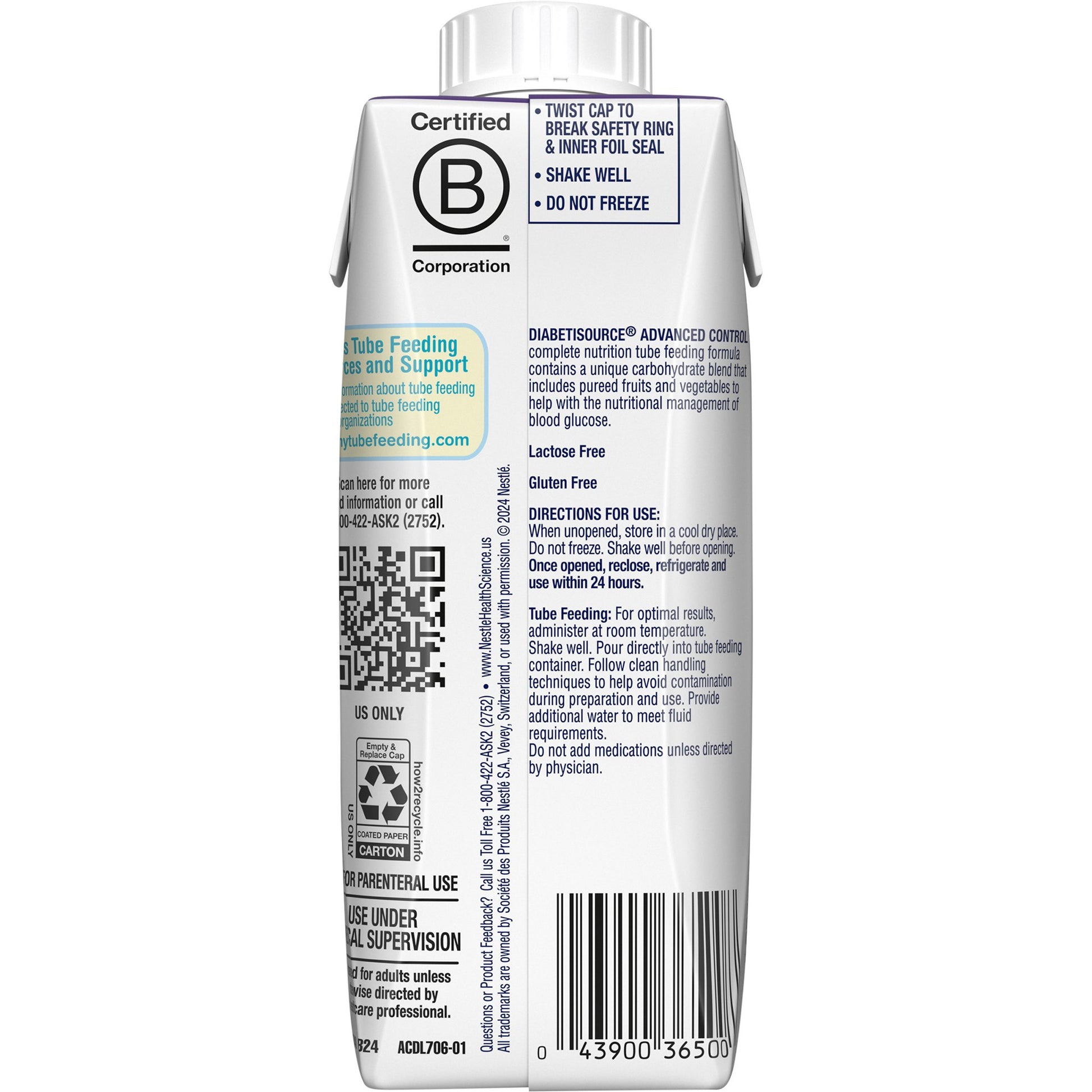 Back label of a DiabetiSource Advanced complete nutrition tube feeding product on a white background