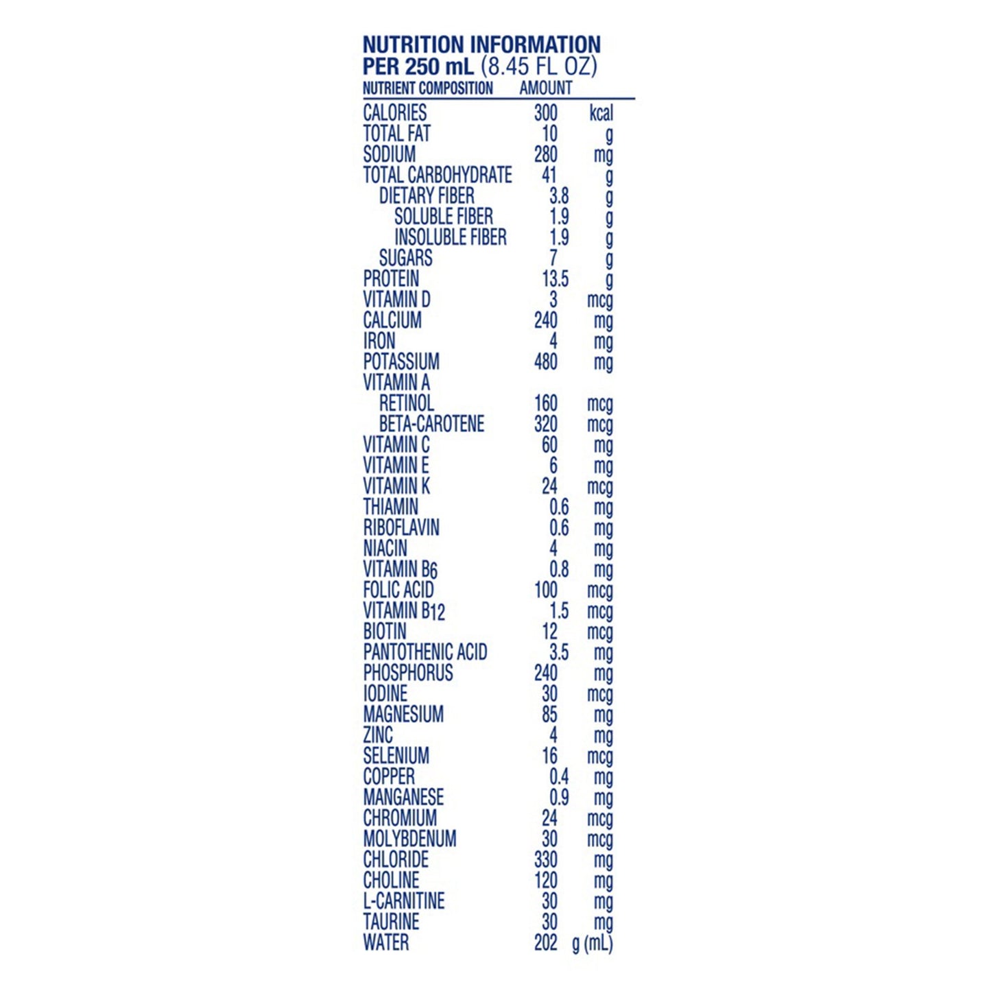 Nutrition information label for a beverage on a white background