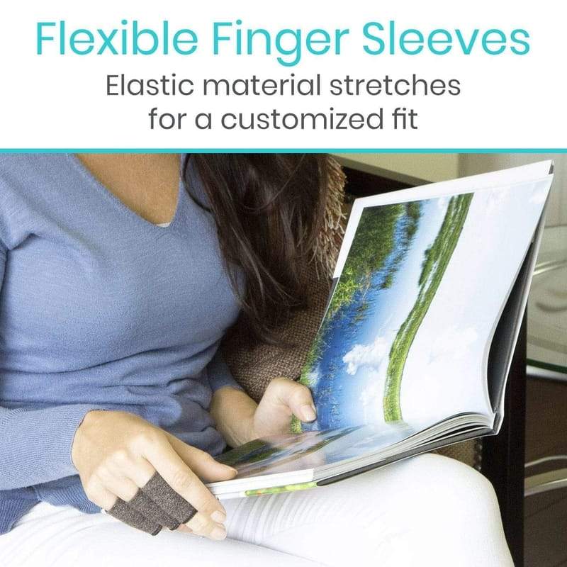 Person using a smartphone with flexible finger sleeves, text about elastic material for customized fit.