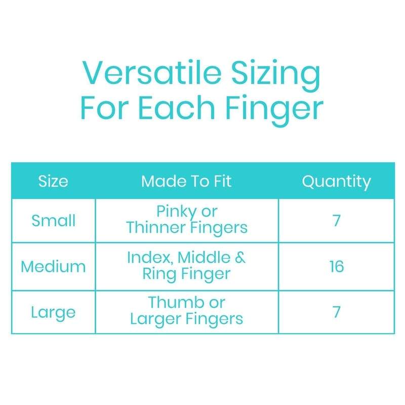 Table showing finger size distribution with quantities for small, medium, and large sizes.