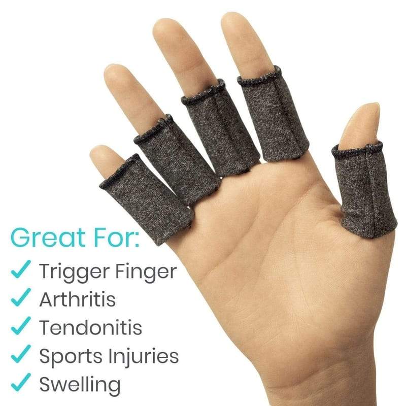 Hand with finger splints and text listing conditions they are great for on a white background