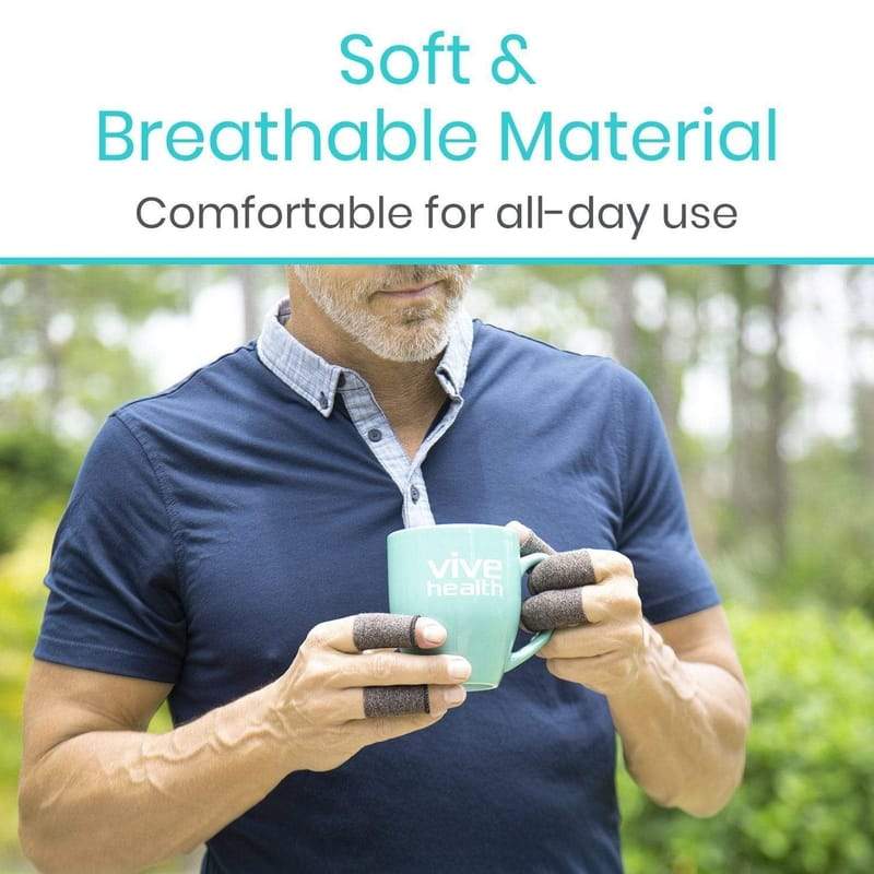 Man holding a mug with text about soft and breathable material