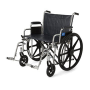 Wheelchair with black seat and wheels on a white background