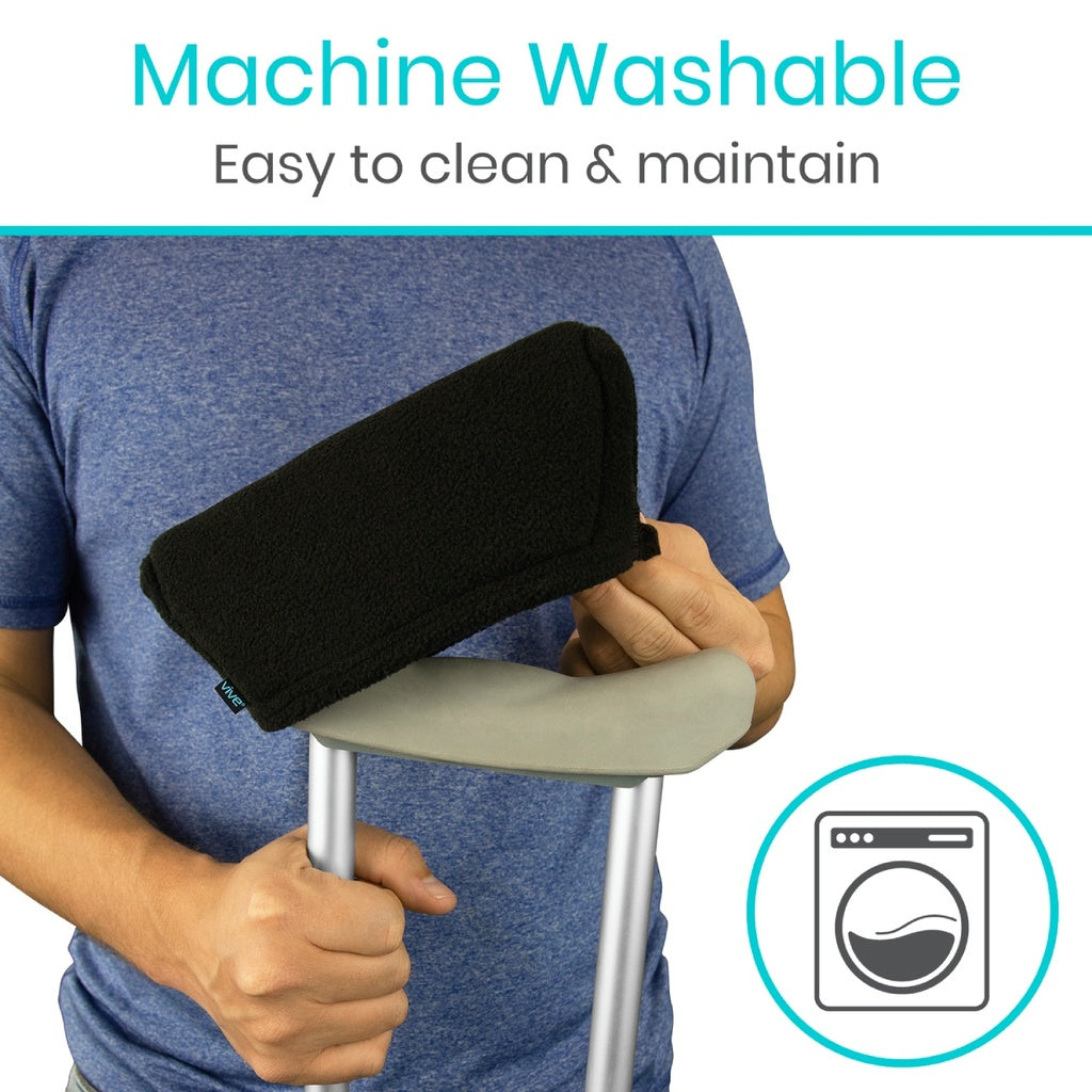 Person using a crutch with a black pad, text 'Machine Washable Easy to clean & maintain' above.
